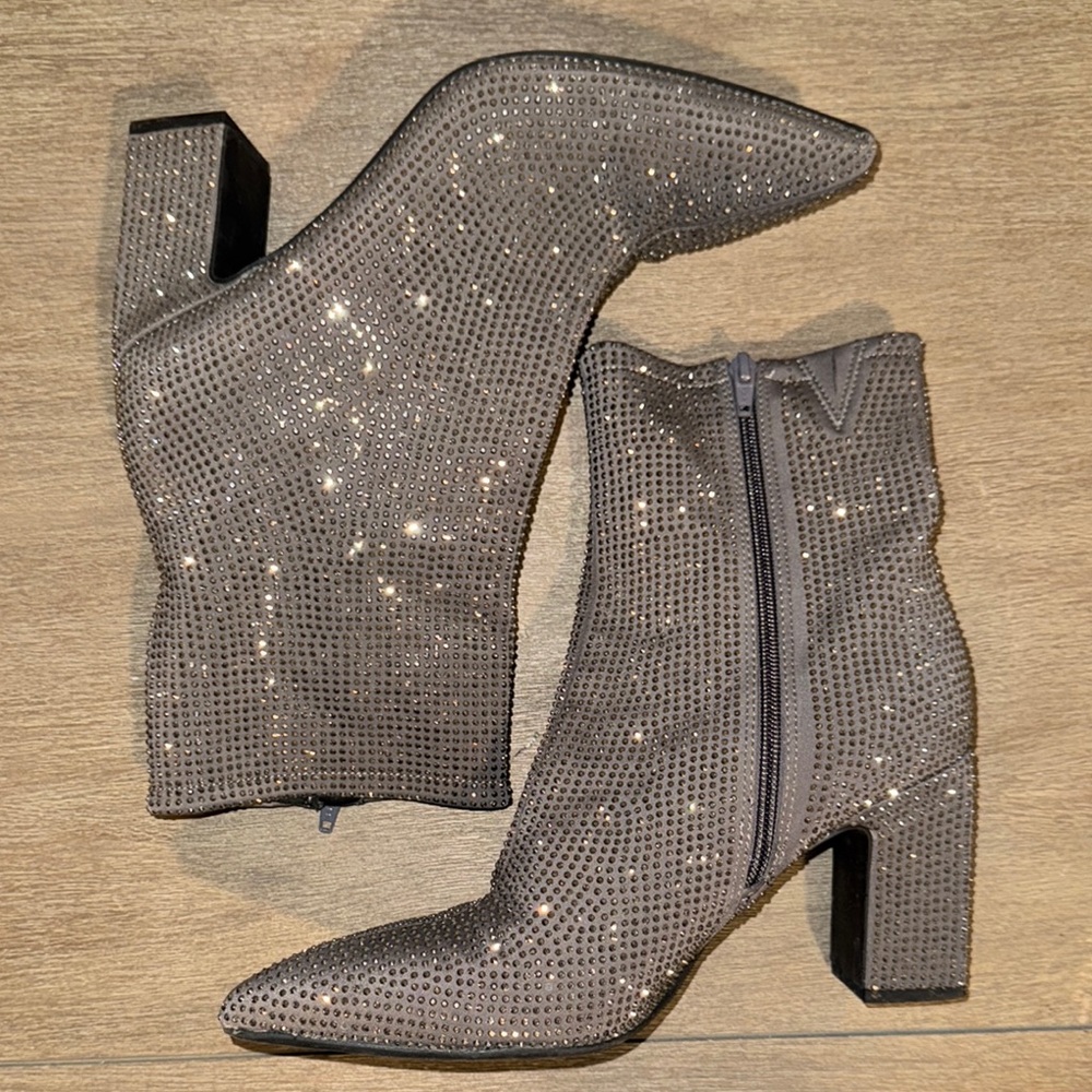 A New Day Gray Silver Sequin Rhinestone Glitter Heeled Boots with Block Heel